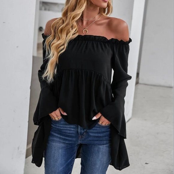 Black Off-shoulder High Low Blouse - Picture 3 of 7